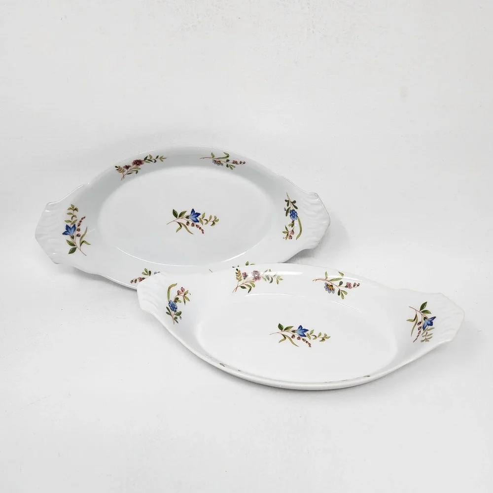 BIASet 2 Cordon Bleu Floral Porcelain Au Gratin Dishes White 10in Baking NOS